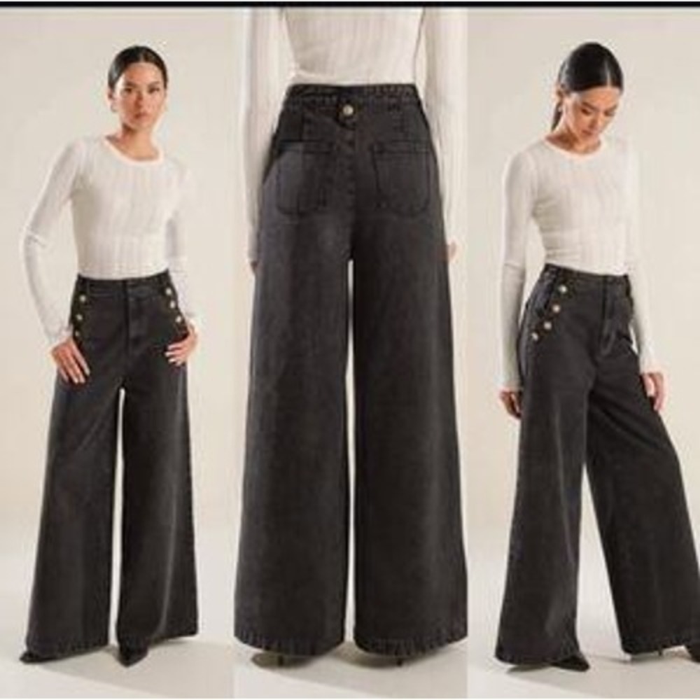Freemarket Women Black Wide Leg Sailor Jeans Gold Button High Waist Small
